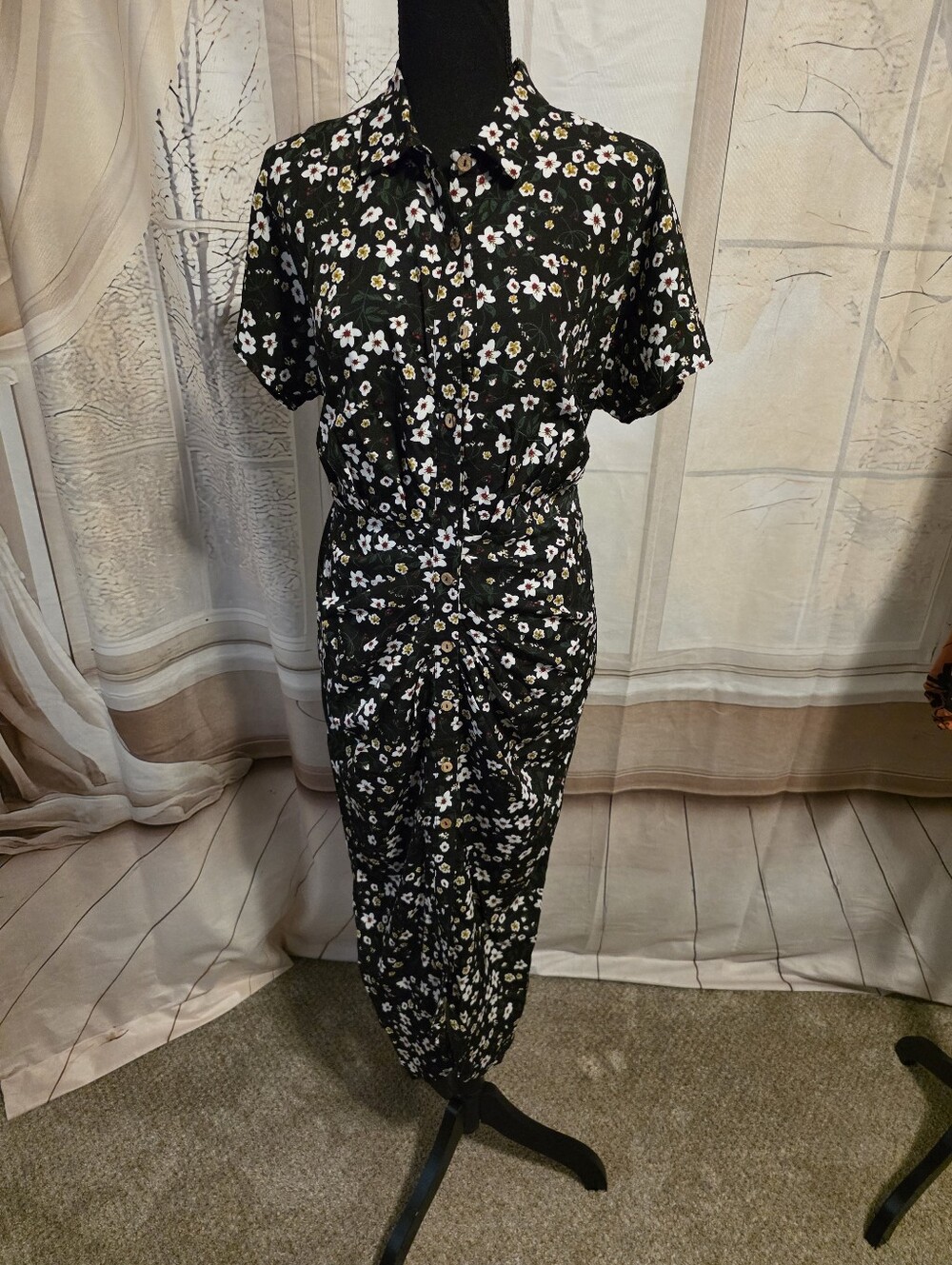 Kohl's Black Floral Button-Front Midi Dress